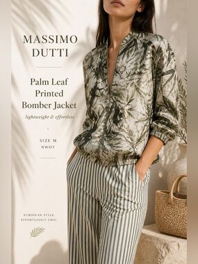 Massimo Dutti Palm Leaf Print Lightweight Bomber Jacket Size M NWOT